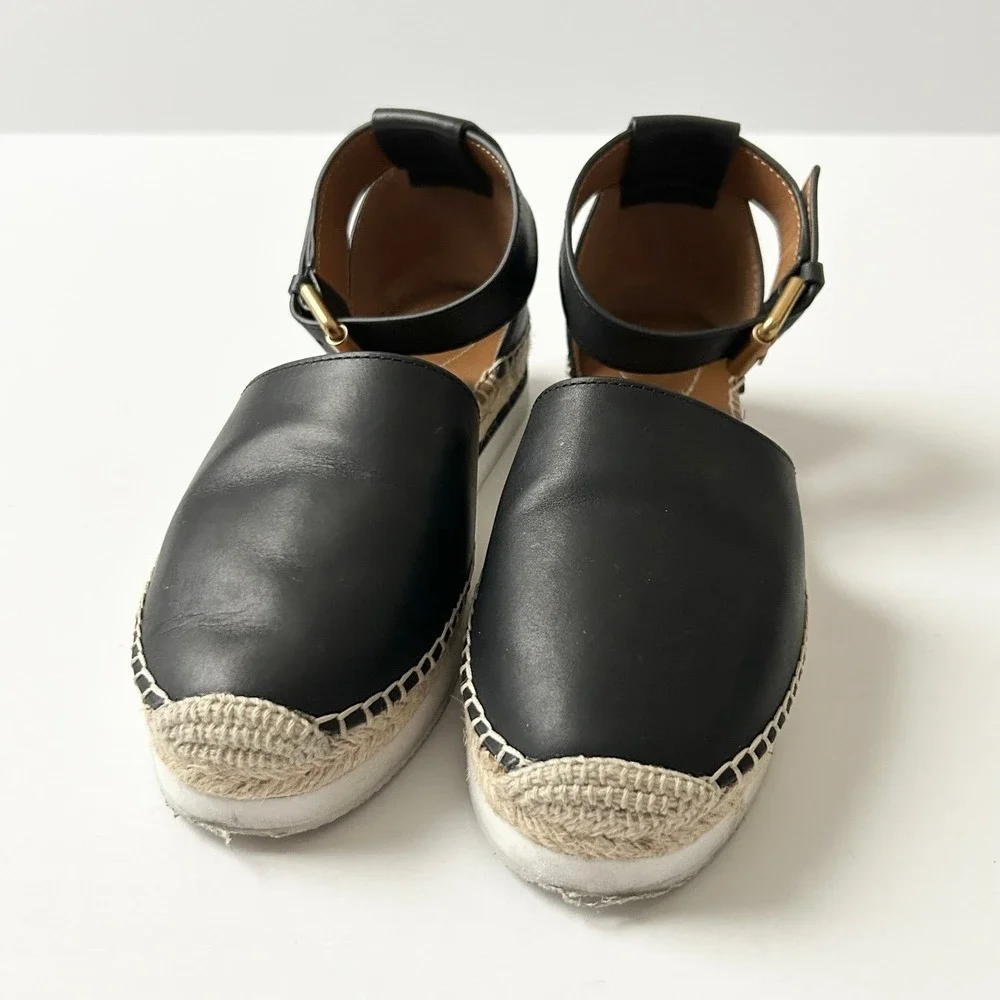 See By Chloe Glyn Black Leather Ankle Strap Espadrille Sandals EU 37 US 7